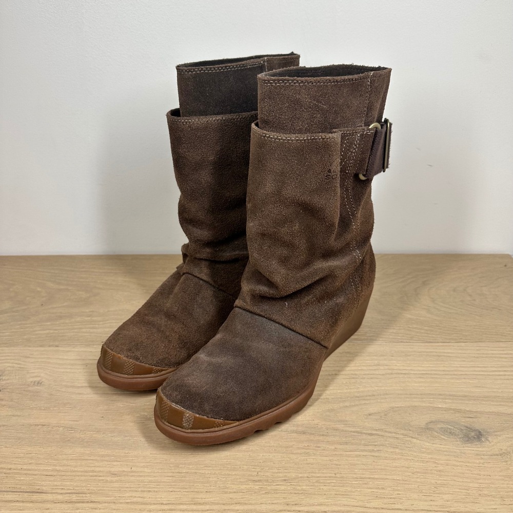 Sorel Boots Women 8.5 Brown Suede Mid Calf Wedge Buckle Slouchy Winter